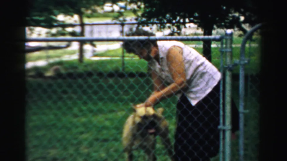 The woman continues handling or petting the light-colored dog at a chain-link fence in the 1957 Normal, Illinois yard scene.
