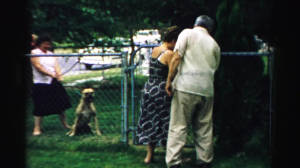 1957 Normal, Illinois frame with an older man and woman at an open chain-link gate, another woman behind the fence, and a dog on the grass.