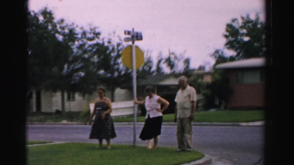 Three adults gather on a grassy median beside a stop sign in a Normal, Illinois neighborhood, with houses and trees beyond.