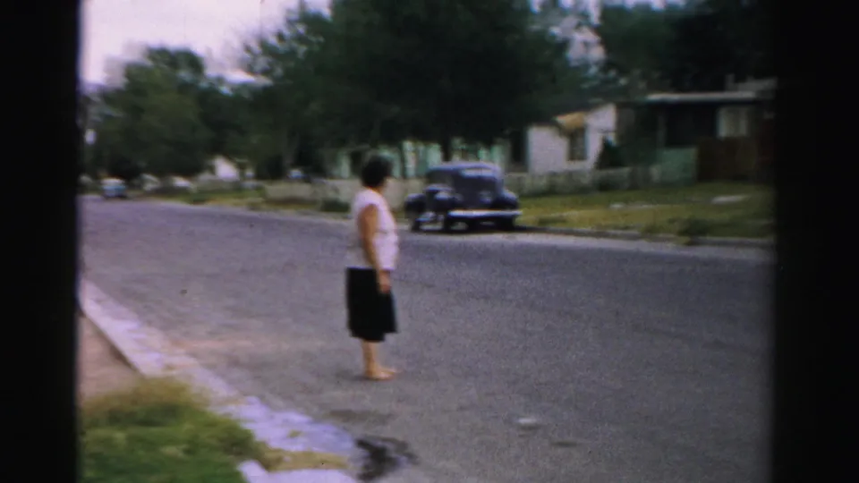 A woman stands near the curb on a quiet Normal, Illinois street, with mid-century houses, trees, and a parked sedan behind her.