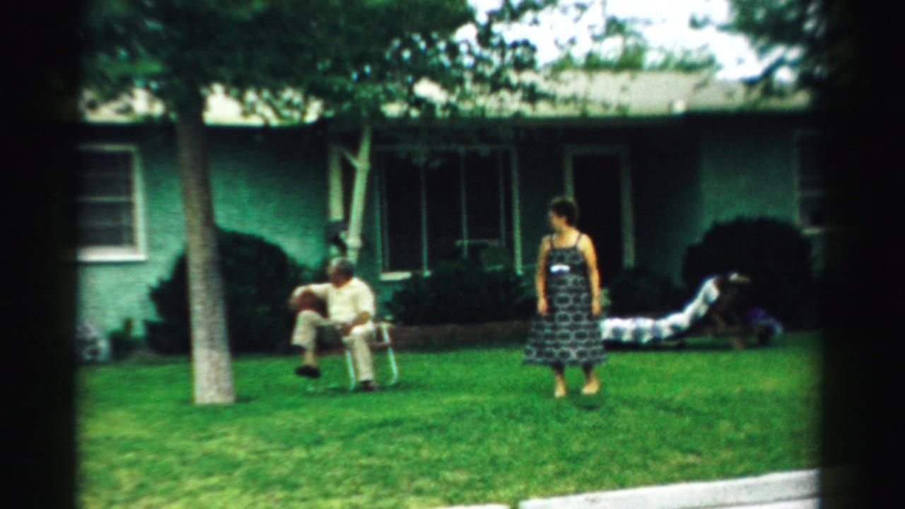 Woman stands on the lawn near a seated man outside a green house.