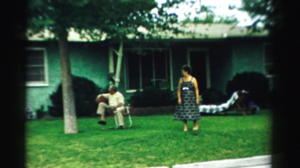 The woman in a dark patterned dress stands on the grass while the seated man looks downward beside the green residential house in the 1957 yard scene.