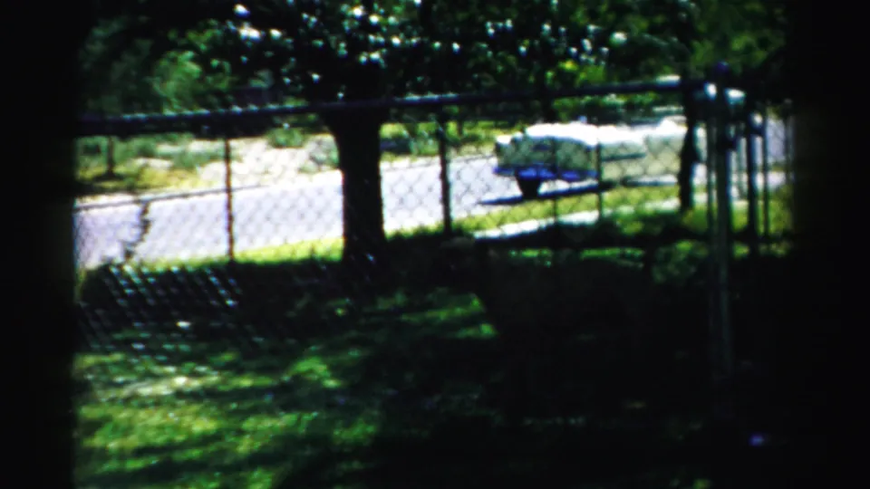 1957 Normal, Illinois frame with chain-link fence, dark yard shadows, tree trunk, residential street, and a small trailer or boat-like object beyond.