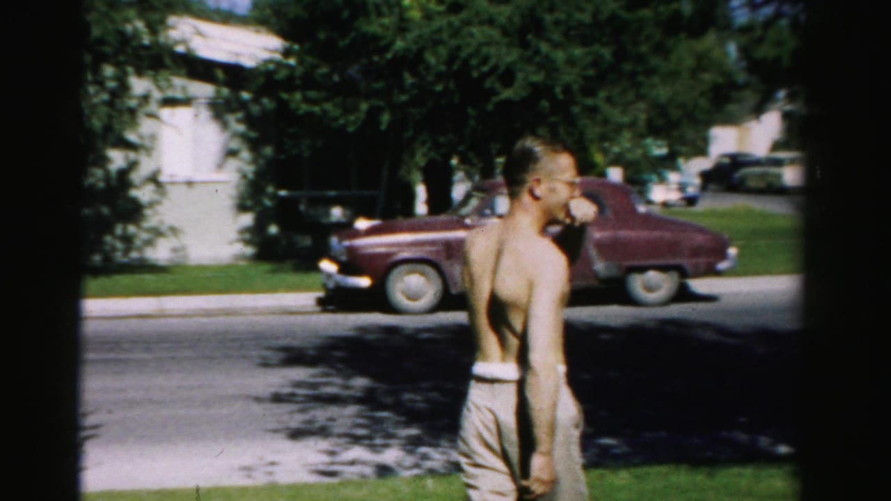 Shirtless man seen from behind on a lawn with a maroon car parked across the street.