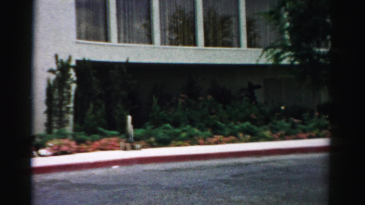 Modernist building facade with windows, shrubs, red curb, and asphalt lot.