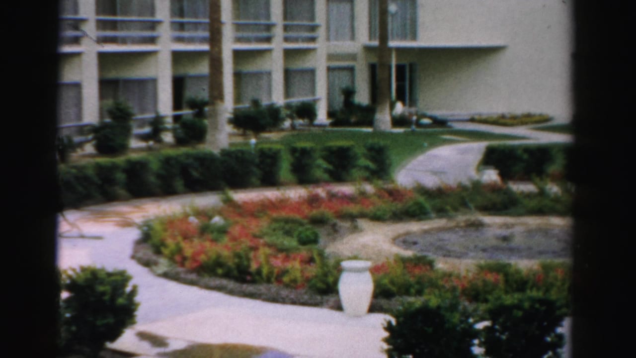 Garden courtyard with pale apartment facade, hedges, flower beds, curved path, urn, and fountain basin.