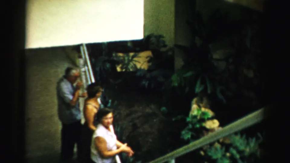 Inside a dim hotel or resort interior area, three adults stand near a railing and decorative plants, with one woman in a white sleeveless top looking toward the camera.