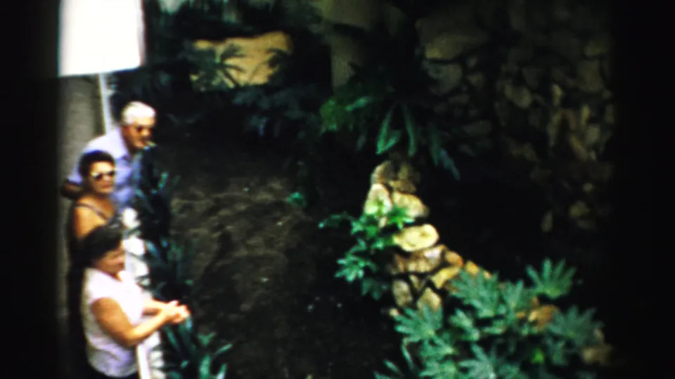 The home-movie frame shows three Las Vegas visitors near a railing, with tropical foliage, a stone-lined feature, and dark interior garden paths visible.