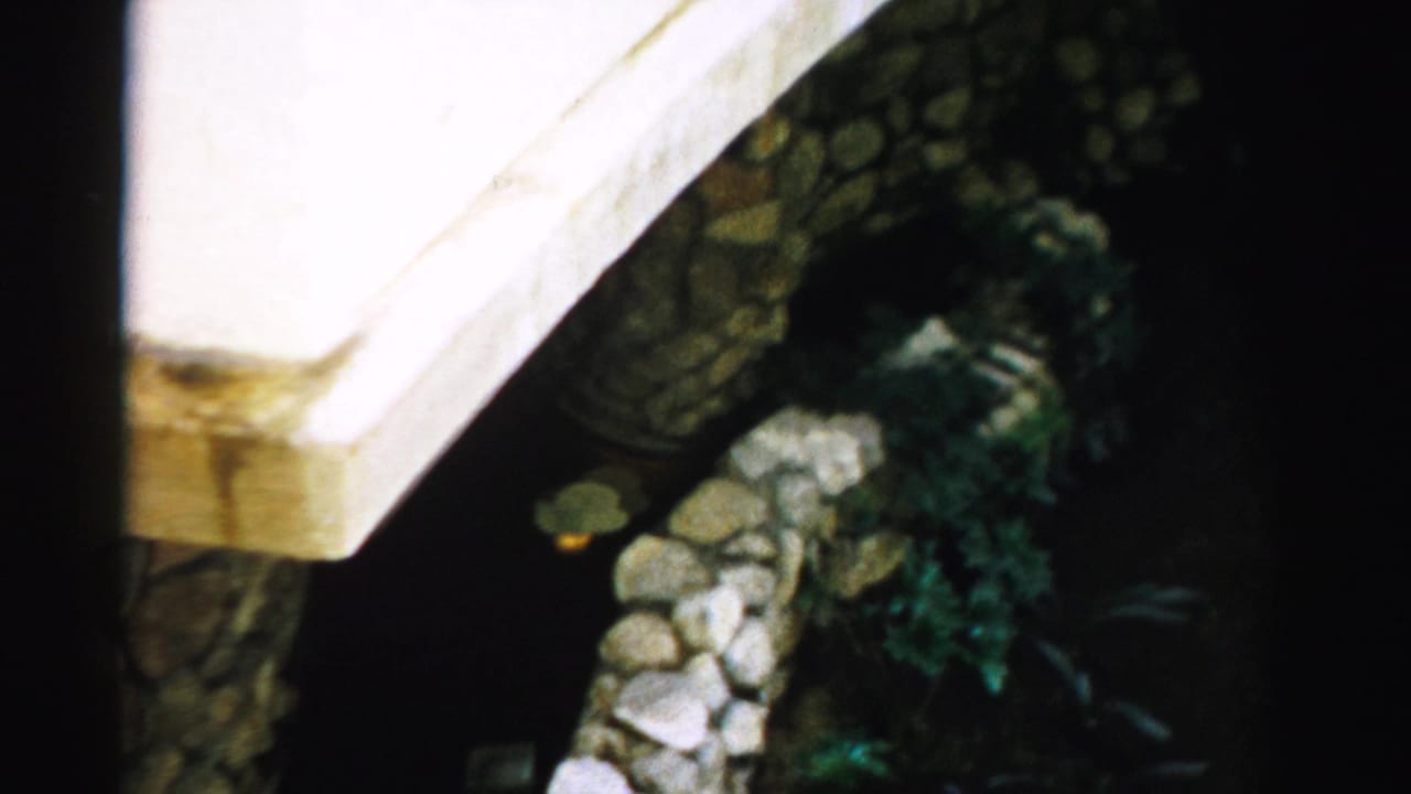 White exterior wall with dark staining, stonework, plants, and black film border.