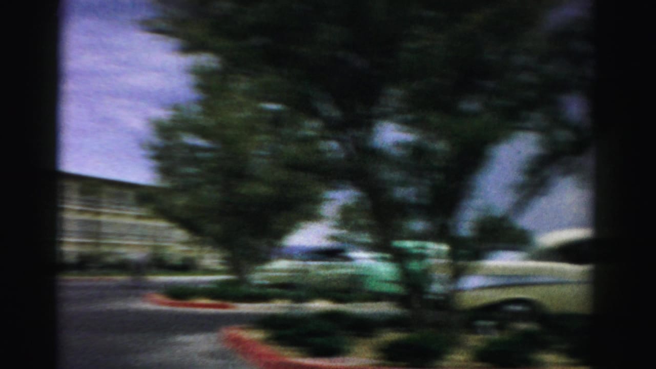 Blurred roadside view with trees, a low building, curb planting, and a passing pale car.