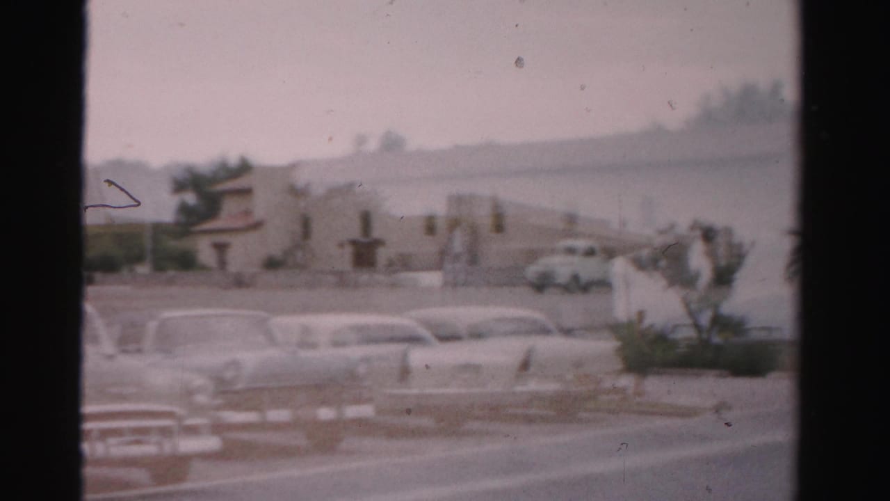 Classic cars parked in a paved lot near palm trees and low buildings.
