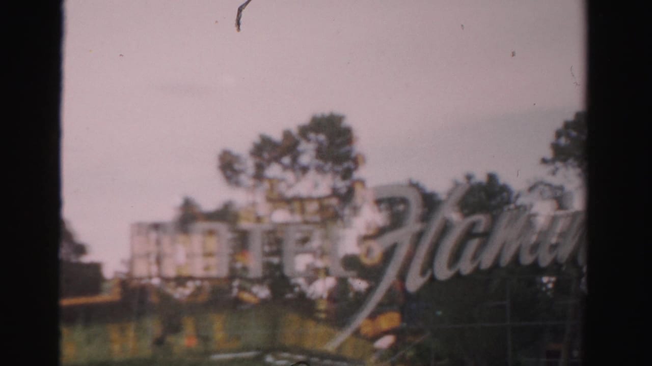 1957 Las Vegas 8mm view of the Flamingo hotel sign, partly soft and framed by trees and low resort buildings.