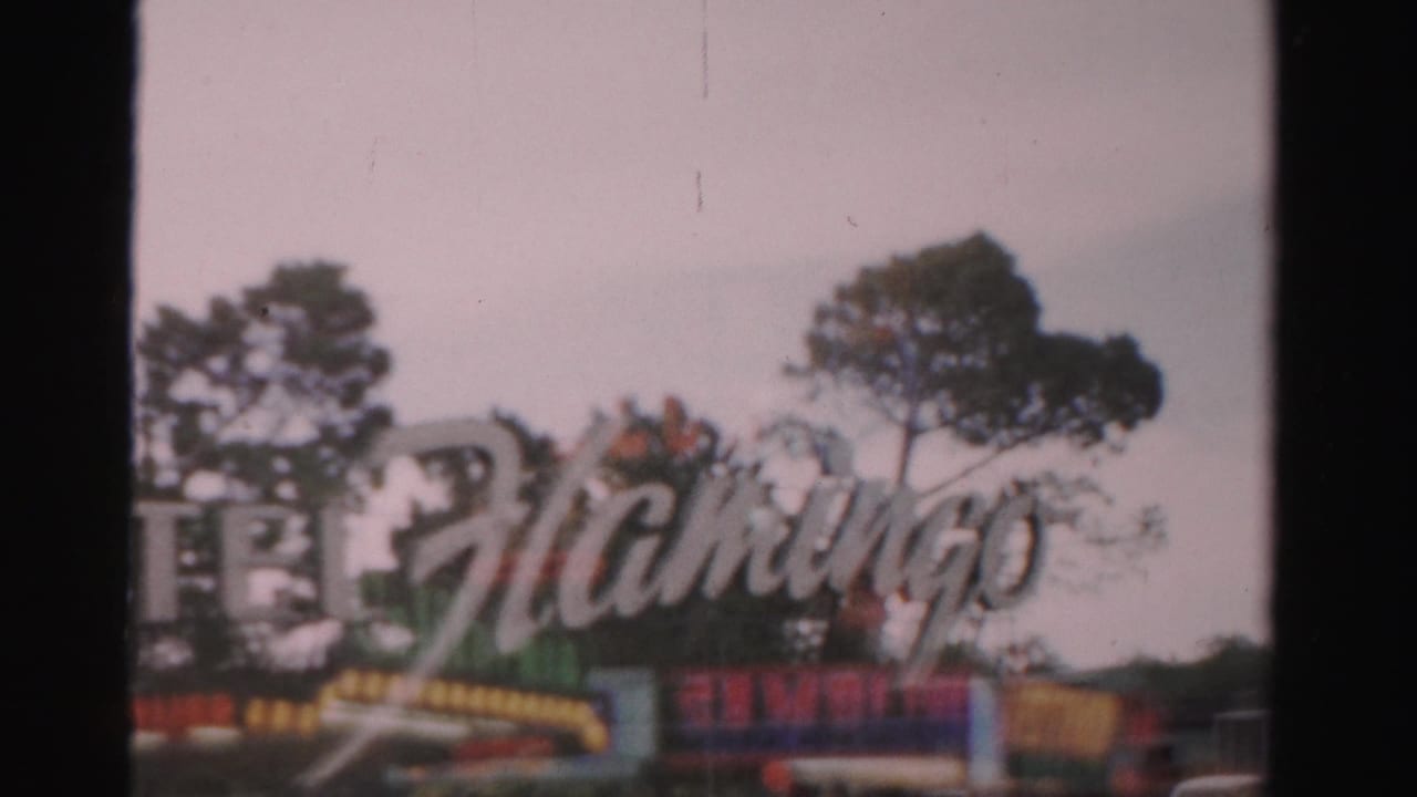 Flamingo sign and partial resort frontage seen through a dark film-frame divider.