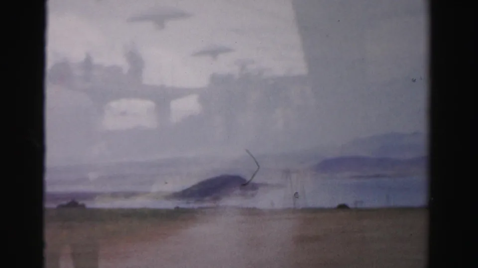 Hazy 1957 Las Vegas home-movie frame with strong overlay, showing a pool edge, water, faint figures or structures, and blurred resort details.