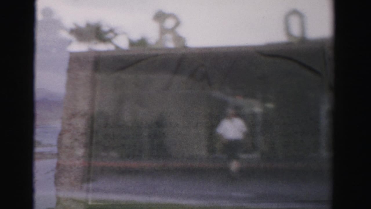 Blurred person passing near the roadside building with rooftop decoration and street visible.