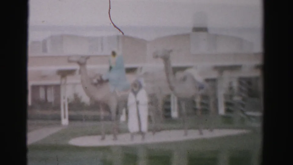 Closer 1957 Las Vegas frame showing camels, a robed figure, and a man near a small landscaped area outside a building.