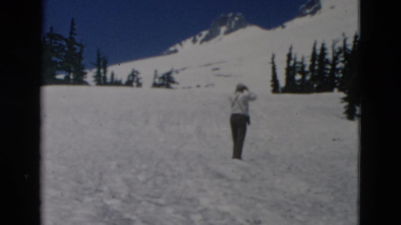 The man appears to look across a snowfield toward the mountain while evergreen trees line the slope.