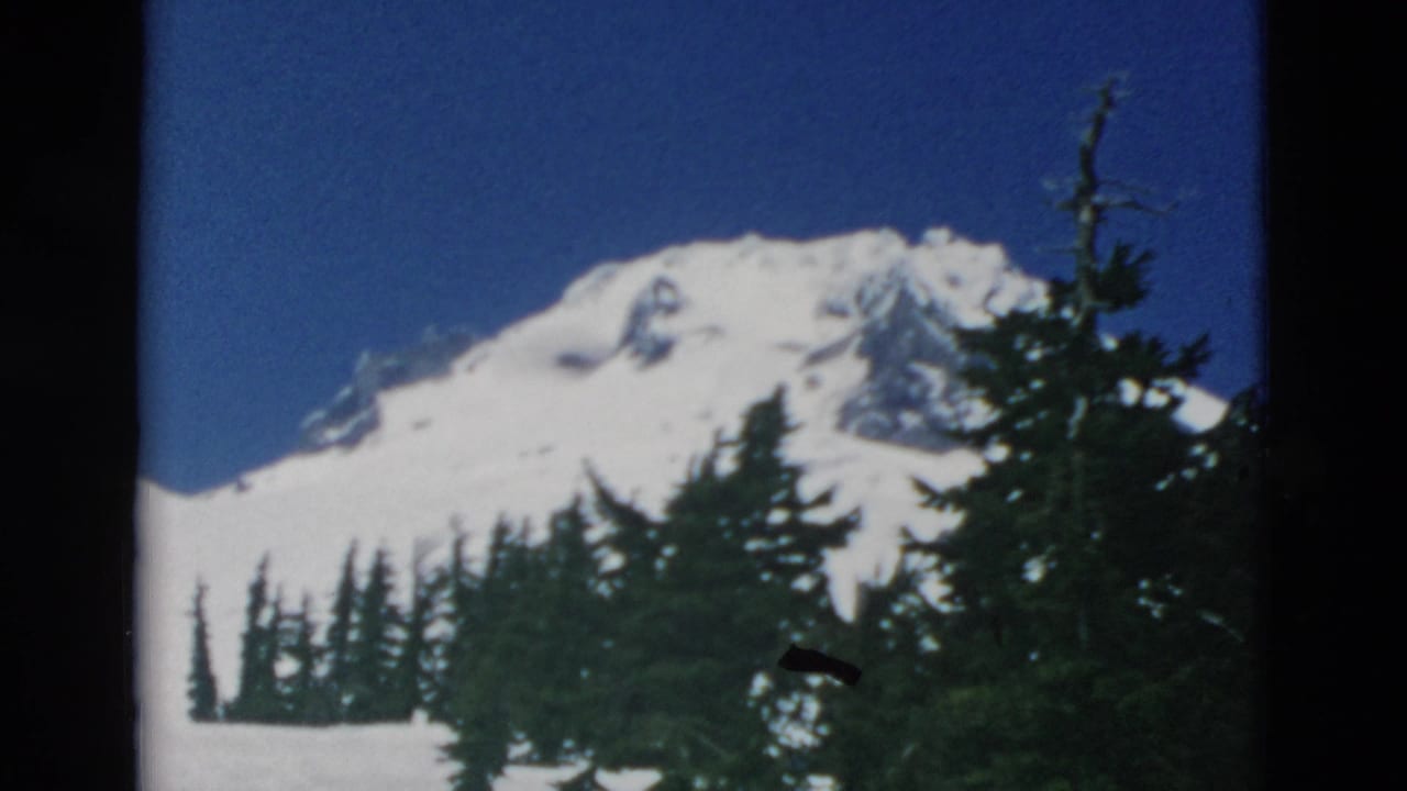 Snowy mountain and evergreen treeline seen through dark film borders.