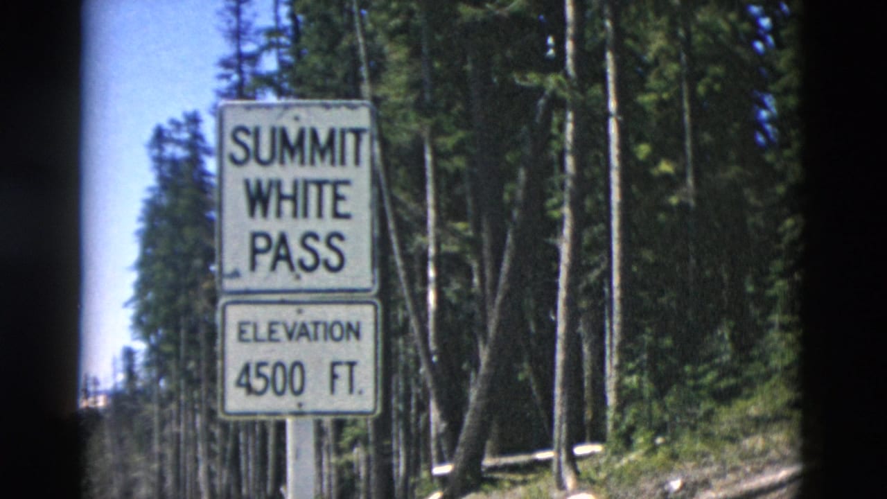 Summit White Pass elevation sign beside evergreen forest.