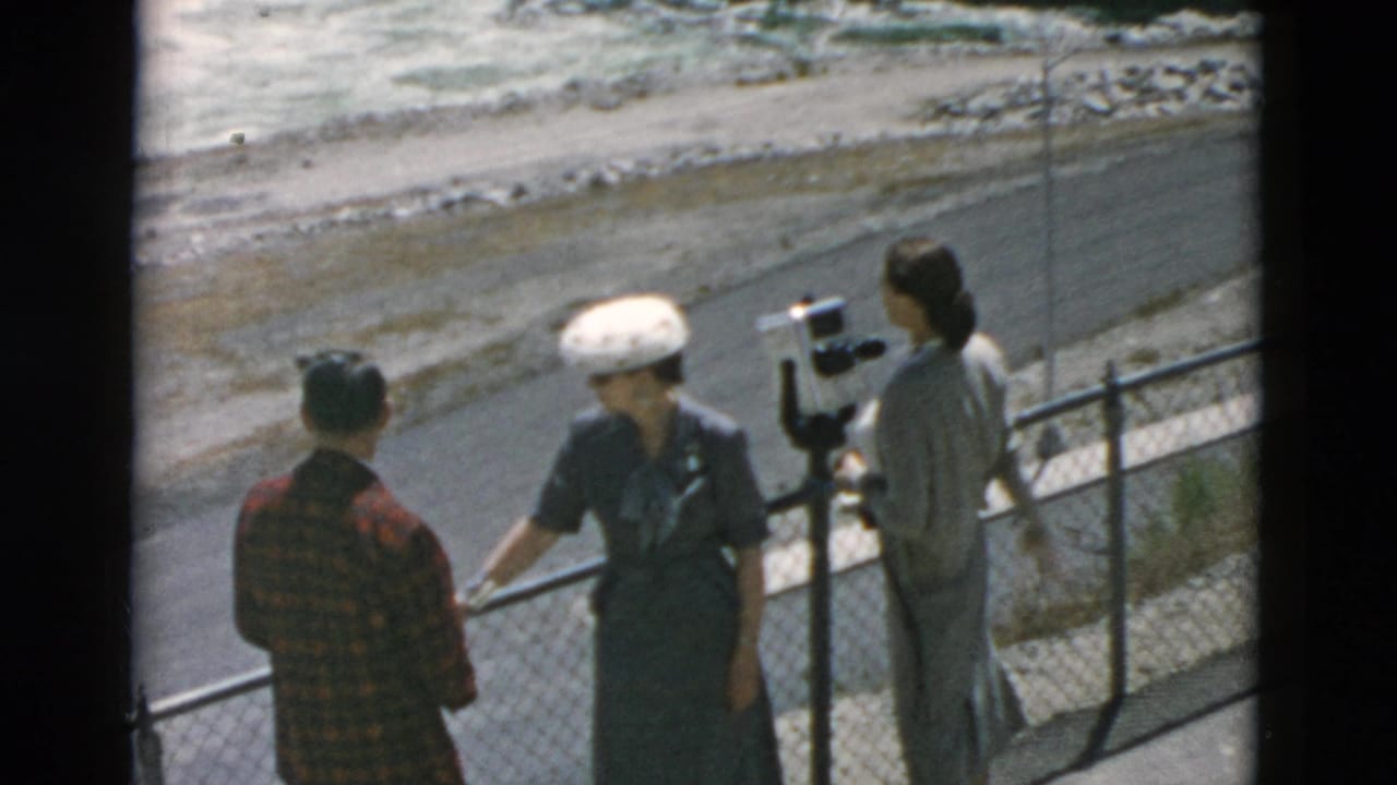 At the Montana waterfall overlook, adults face each other near the mounted viewer and fenced edge.