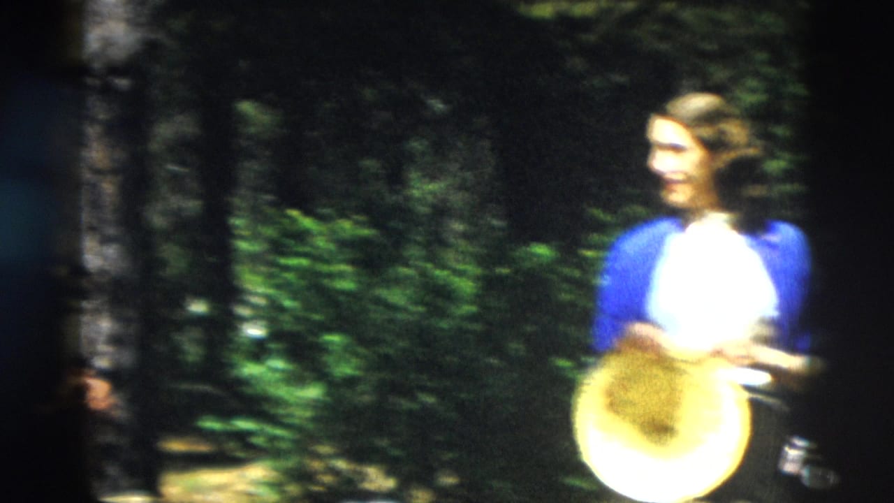 Woman in a blue cardigan holds a round straw-colored object while standing in a Yellowstone forest setting.
