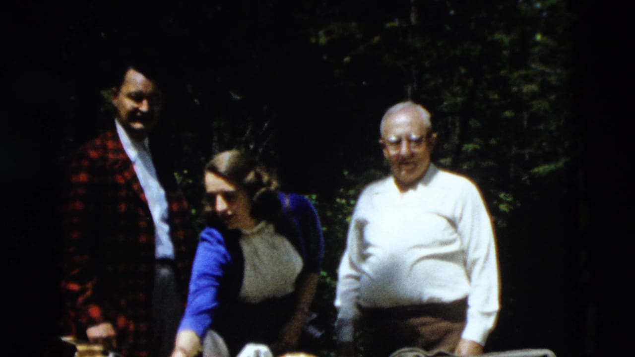 1958 8mm home-movie frame of two men and a woman standing by a table in a shaded wooded area during a travel stop.