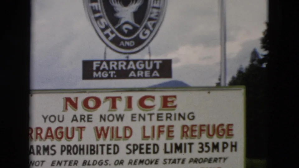 1958 8mm frame of the Farragut management area sign above a wildlife refuge notice, with trees behind the sign.