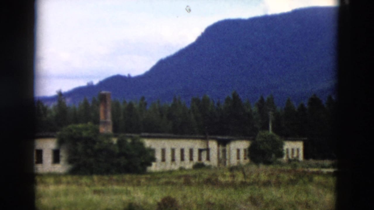 Distant Yellowstone building viewed through dark vertical framing, with evergreens and a blue mountain in the background.