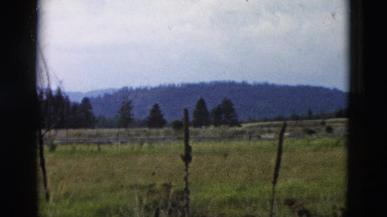 1958 Yellowstone-area home-movie view of a grassy field, fence posts, scattered trees, and a low wooded hill framed by a window.