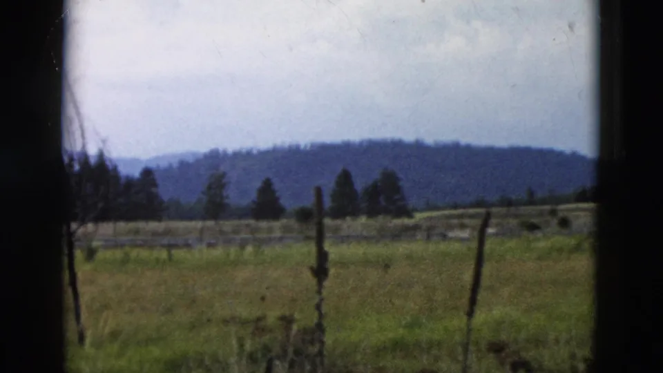 1958 Yellowstone-area home-movie view of a grassy field, fence posts, scattered trees, and a low wooded hill framed by a window.