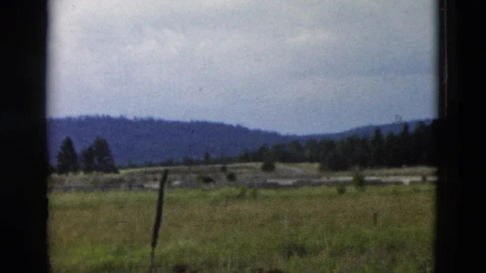 1958 Yellowstone-area home-movie still with a field, a leaning fence post, trees, and a wooded hill line seen through dark window framing.