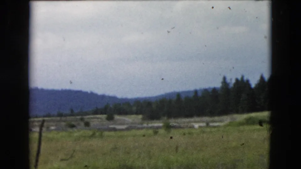 1958 Yellowstone-area landscape frame showing grassland, distant hills, a small tree line, and cloudy sky through divided dark window bars.