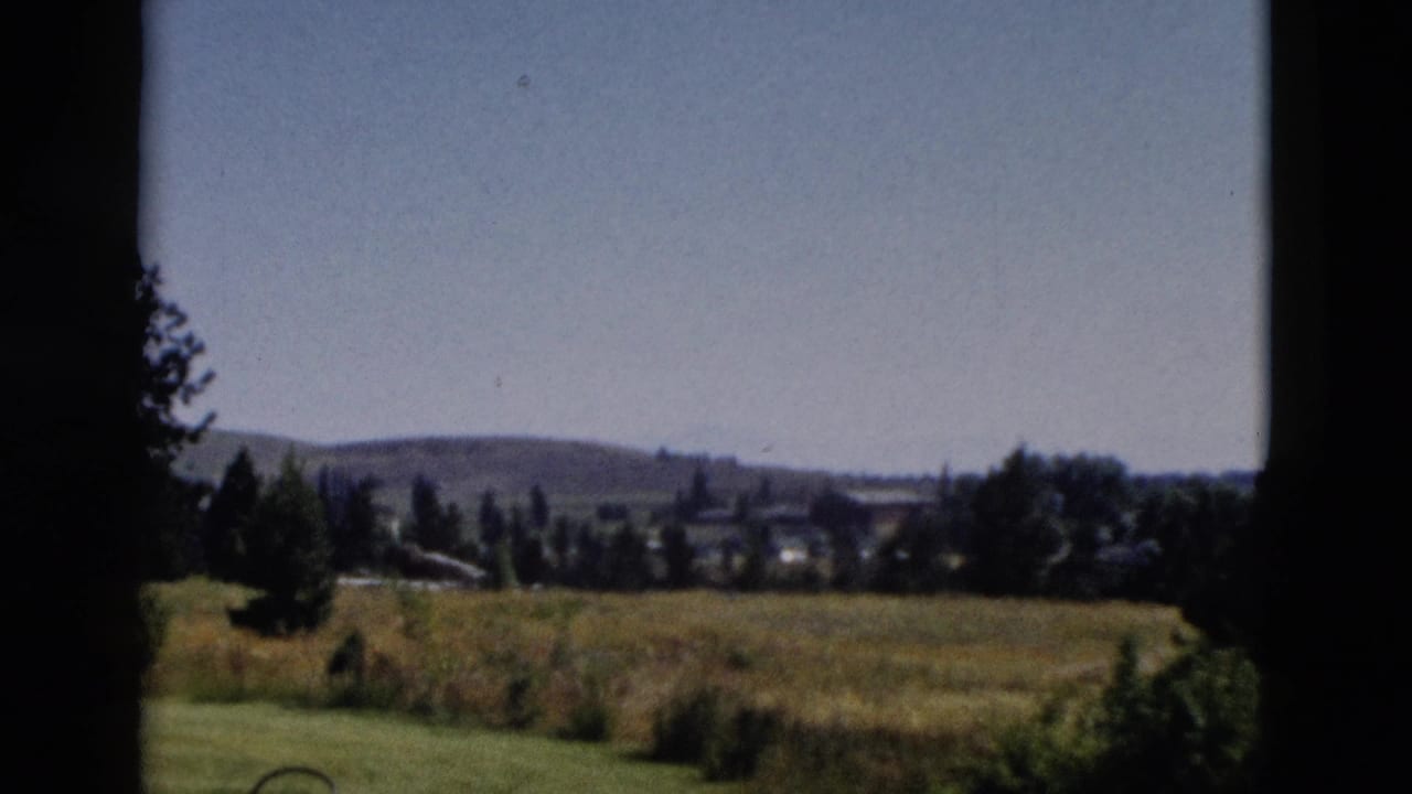 1958 Yellowstone-area view through a dark window frame toward grassland, trees, distant hills, and clear sky.