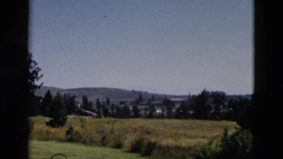 1958 Yellowstone-area view through a dark window frame toward grassland, trees, distant hills, and clear sky.