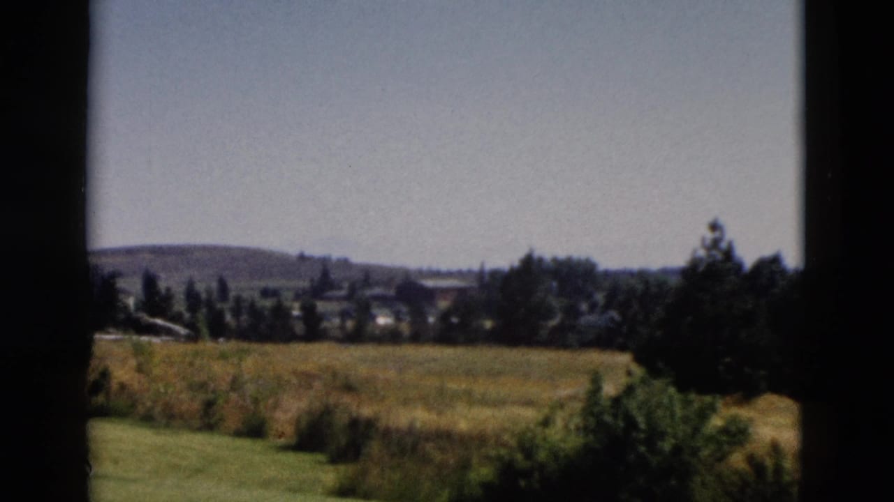 1958 Yellowstone-area 8mm frame showing a grassy plain, distant treeline, low hills, and dark window-like borders.