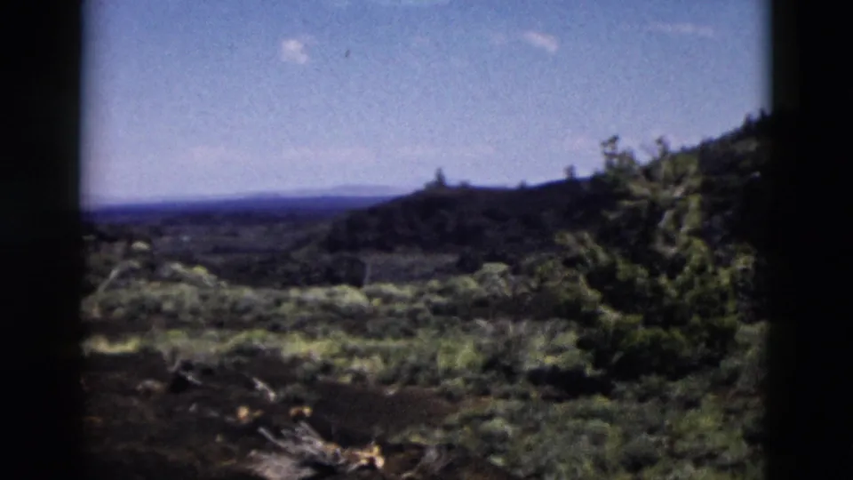 1958 Yellowstone landscape frame with green hills, scattered trees, brush, distant horizon, and bright blue sky.