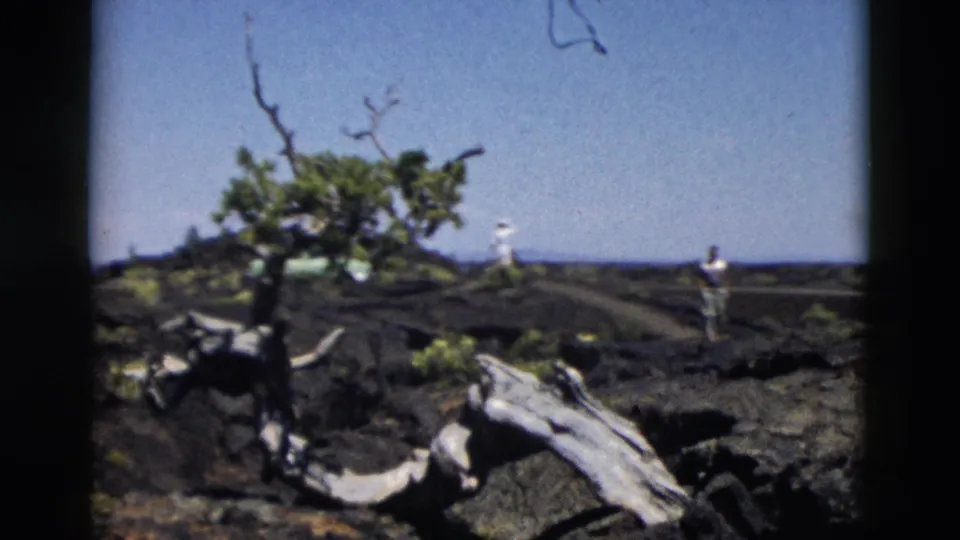Yellowstone 8mm frame showing two visitors on a winding trail amid dark volcanic rock and a weathered tree.