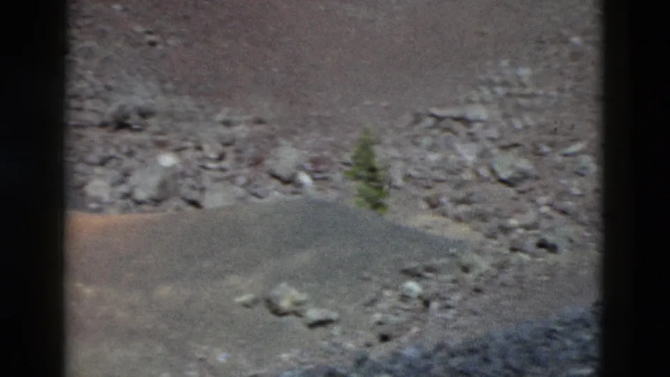 1958 Yellowstone 8mm frame showing a barren rocky slope with loose stones, a small evergreen, and dark window-like borders.