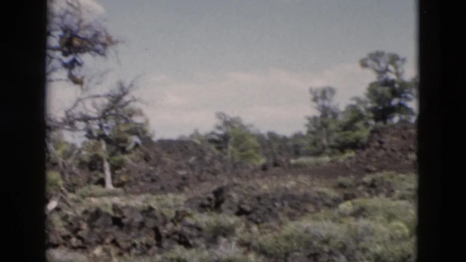 1958 Yellowstone 8mm frame showing dark volcanic rock, low vegetation, scattered pine trees, and pale sky.