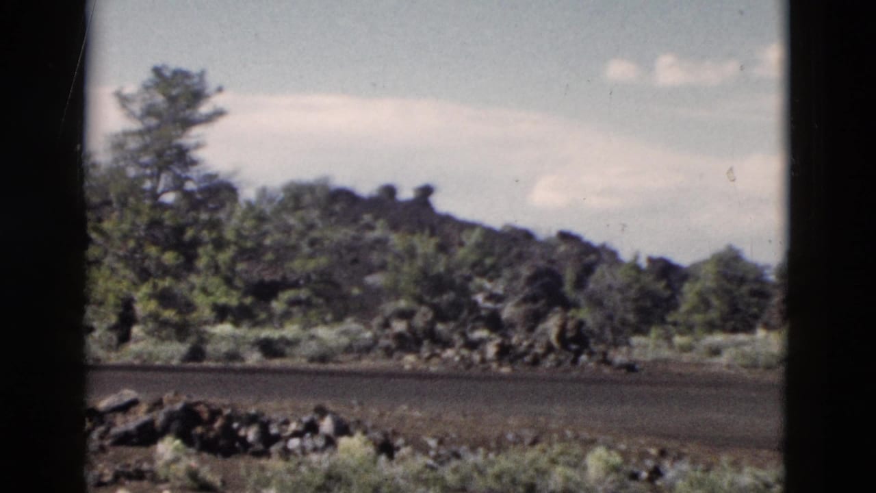Dark rural road bordered by rocks, shrubs, trees, and a low wooded ridge under a pale sky.