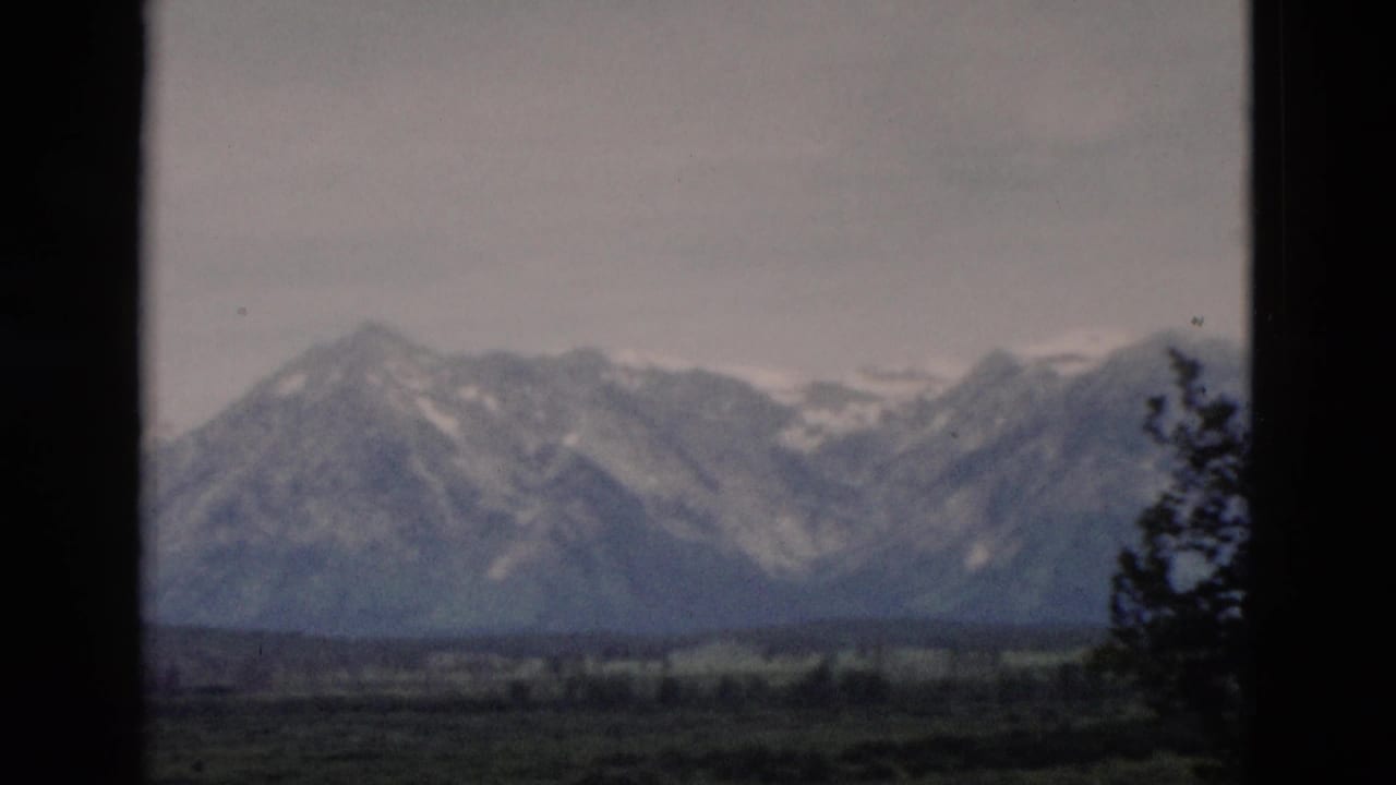 1958 Yellowstone-area mountain view with snow-streaked peaks, open valley and a dark tree silhouette at right.