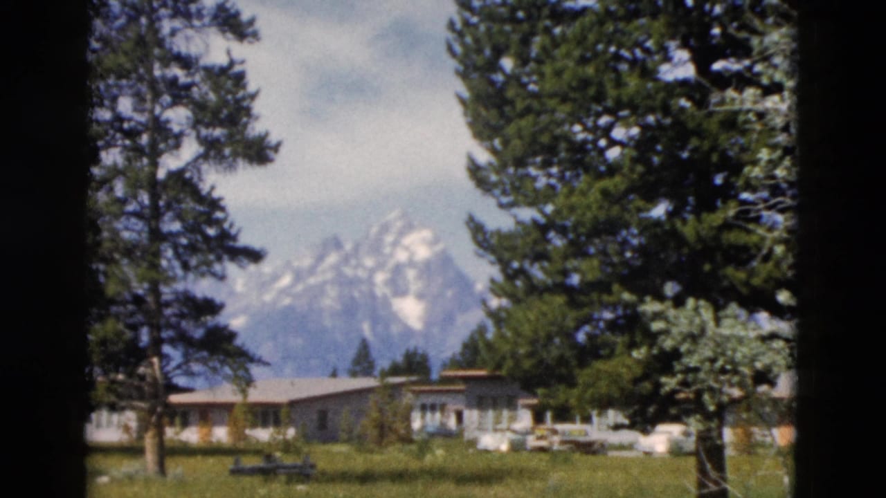Evergreen trees frame distant snowy peaks, low buildings, and parked cars.