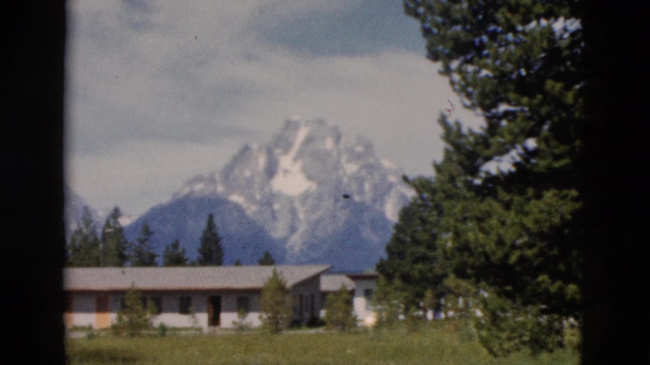 Low building in a grassy field with evergreens and snow-capped mountains behind it.