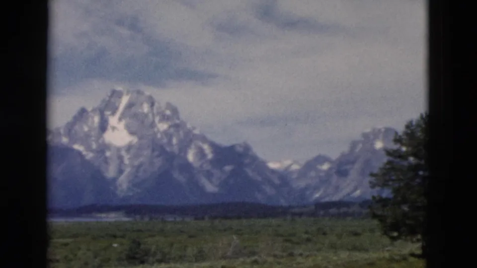 1958 home-movie frame of snow-capped Wyoming mountains, green valley, and a tree appearing near the right side.