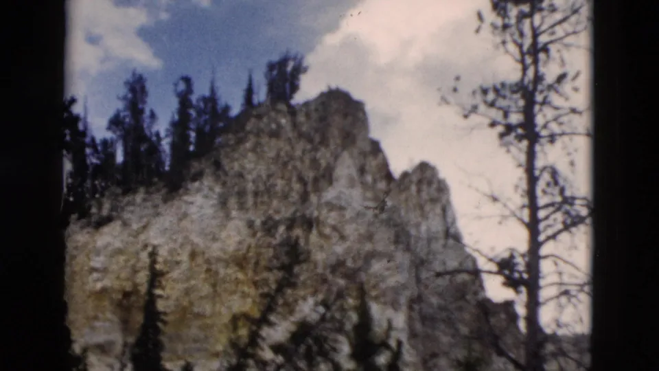 1958 Yellowstone home-movie view of rocky peaks, pine silhouettes, and a tall bare tree against a bright sky.