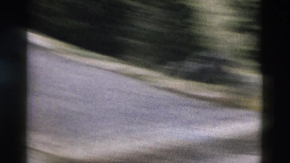 Handheld 8mm frame from the Yellowstone clip with a blurred paved road and dark roadside forest, likely during camera movement.