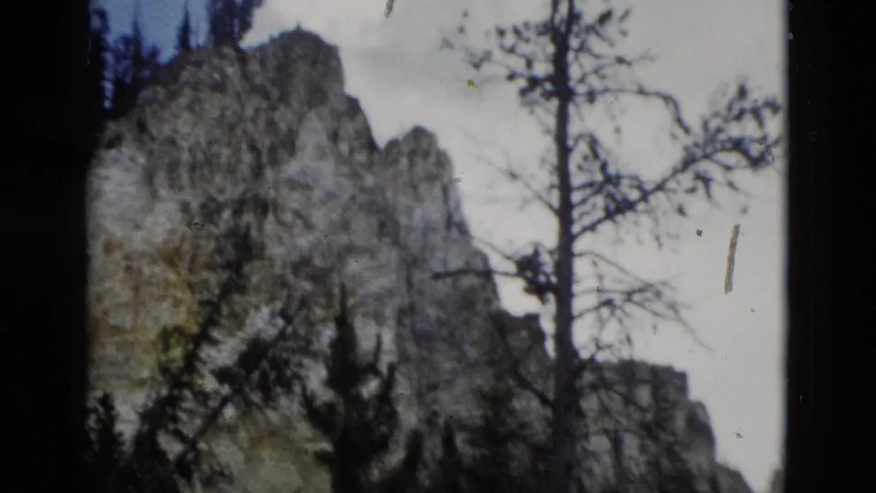 Handheld 8mm Yellowstone-area frame showing rugged gray cliffs behind evergreen and bare trees under a pale sky.