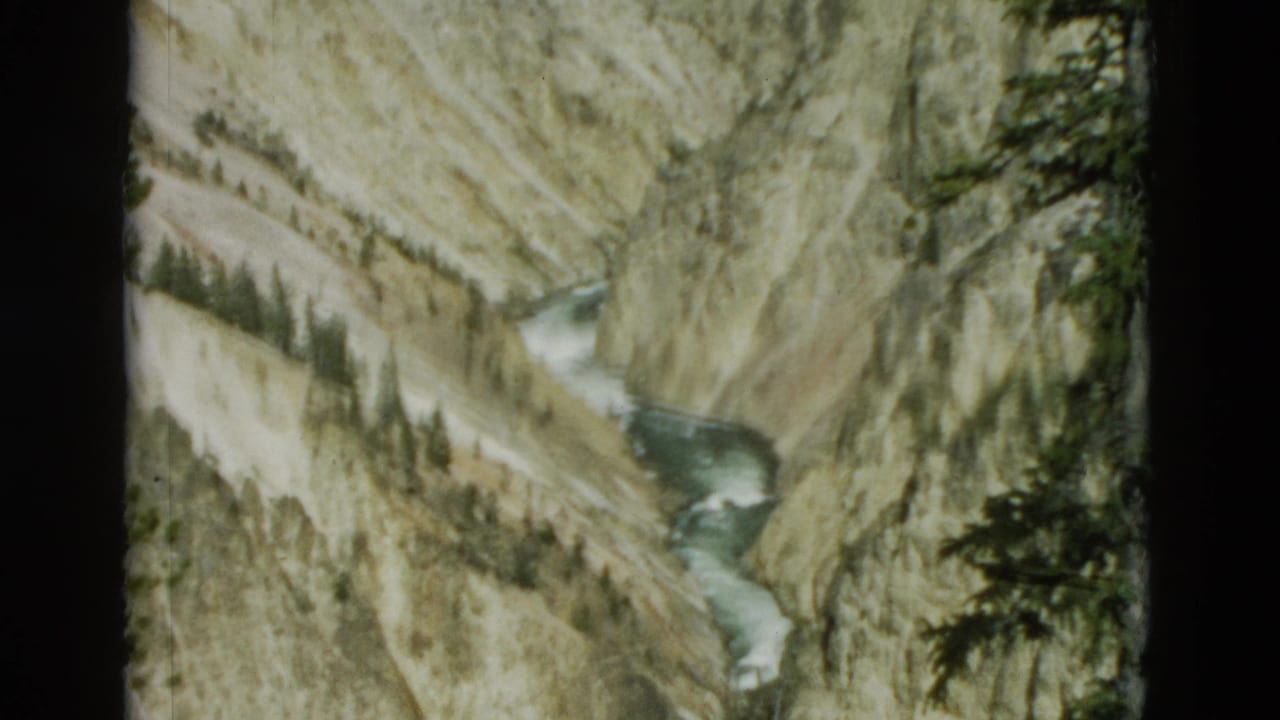 Winding river running through steep pale canyon walls with evergreen trees at the edge.