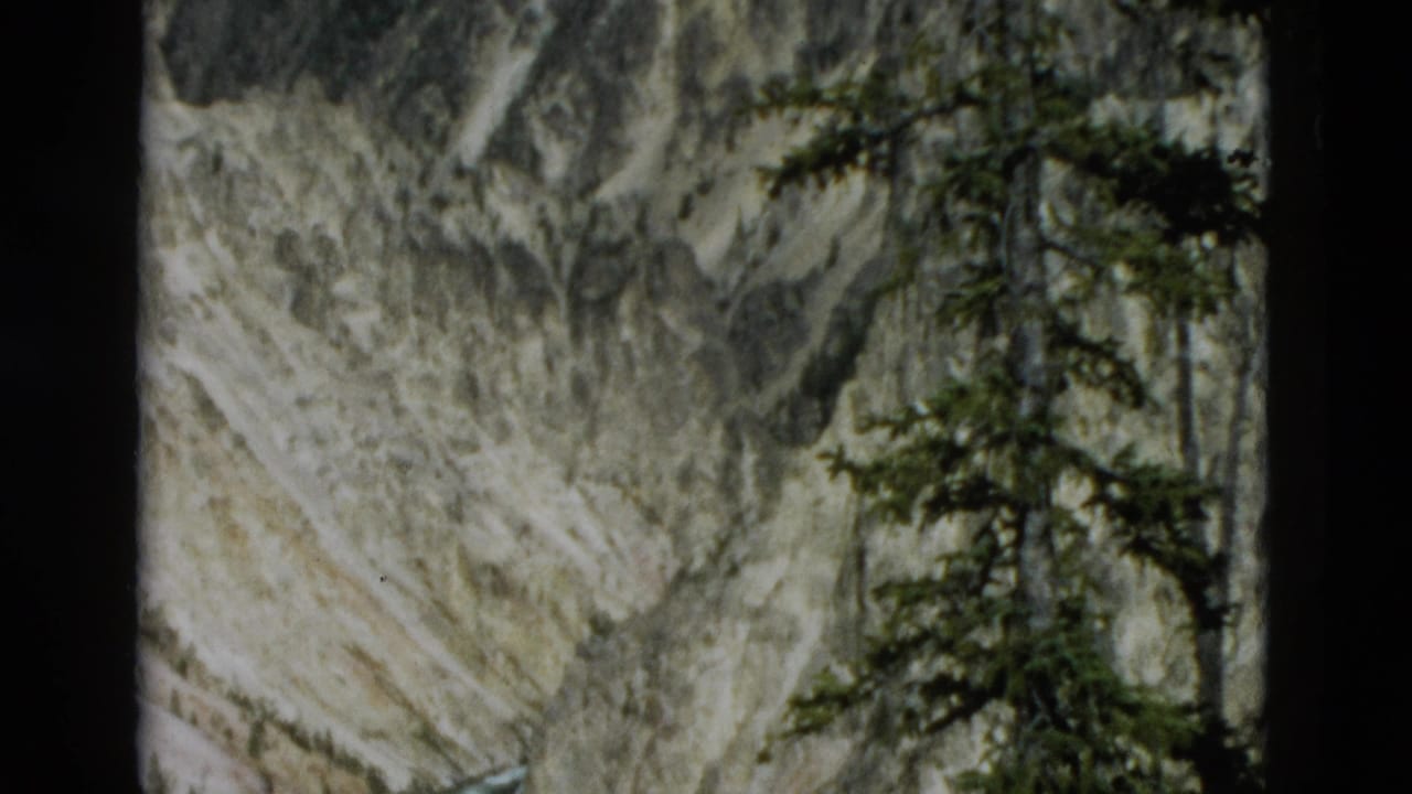 Layered canyon wall with an evergreen tree in the foreground and dark film borders.