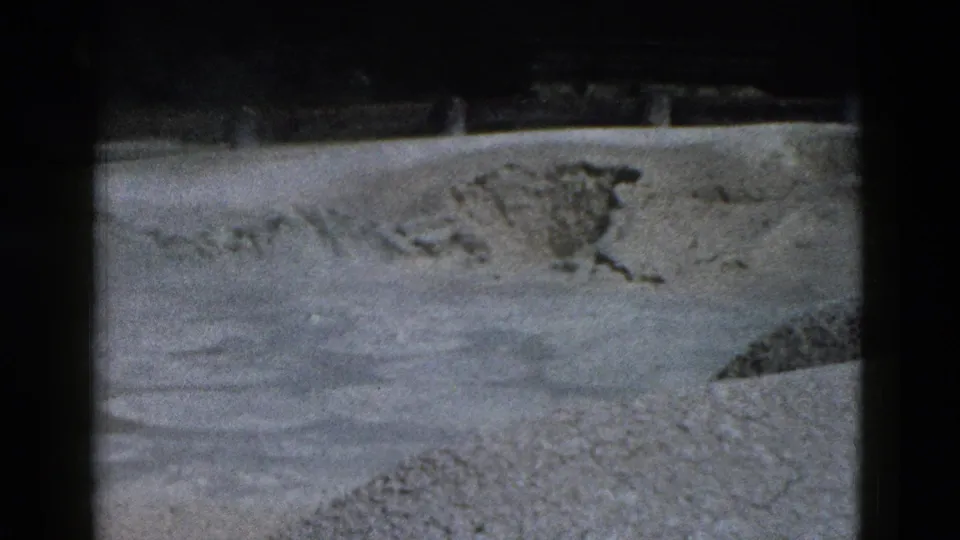 Pale roadside ground and a dark upper edge near a road barrier in the 1958 Yellowstone home-movie footage.